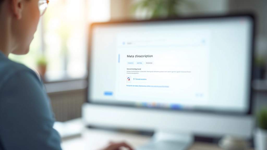Google Search Console sąsaja, rodanti meta aprašymo redagavimo sritį, kompiuterio ekrane, šviesus interjeras