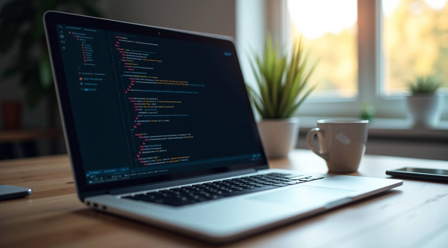 Nešiojamasis kompiuteris su HTML kodu ir CSS stiliais ekrane, biuro aplinkoje