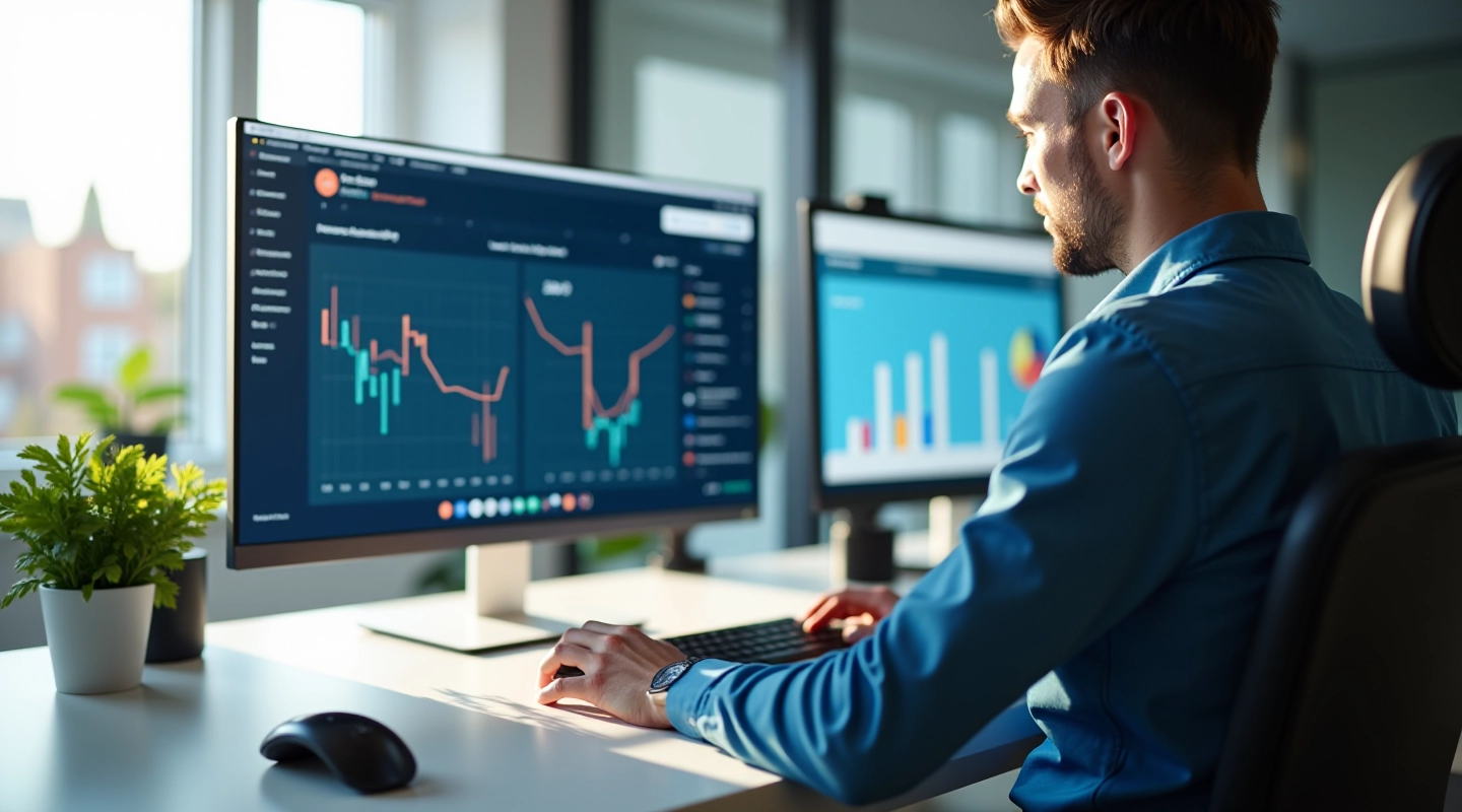 SEO ir optimizavimo darbo aplinka su kompiuteriais ir analitikos dashboardais