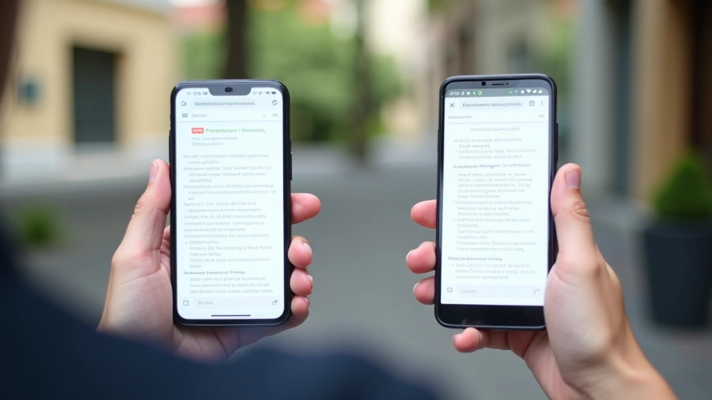 Dviejų telefono ekranų palyginimas — vienas su blogai parašytu meta aprašymu, kitas su gerai parašytu, šoninis vaizdas, natūrali šviesa